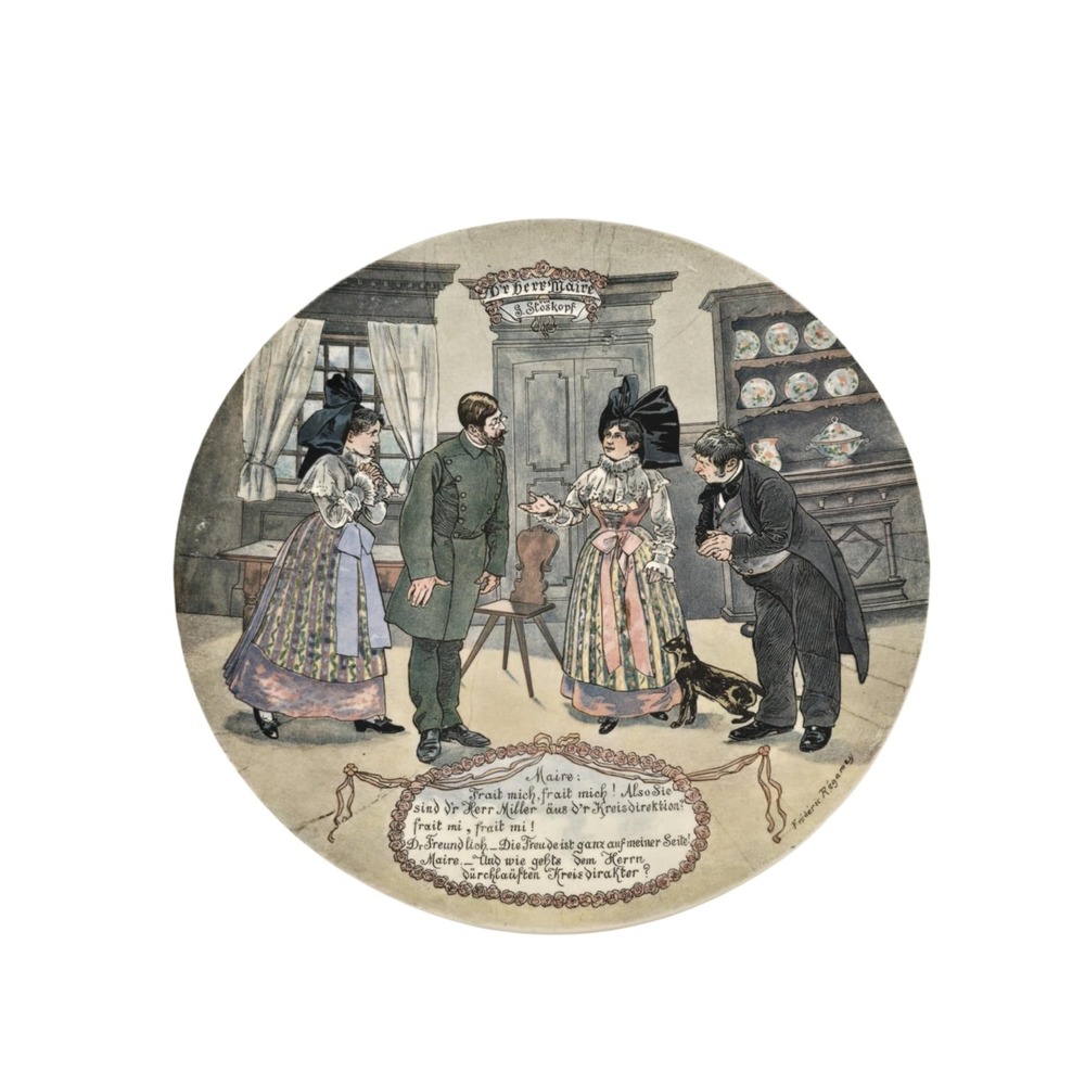 ANTIQUE SARREGUEMINES DR BERR MAIRE COMEDY PLATE BY FREDERIC RIGAMAY‎ 8.75"DIA